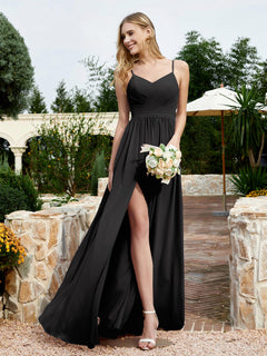 V-neck Spaghetti Straps Bridesmaid Dress With Slit Black Plus Size