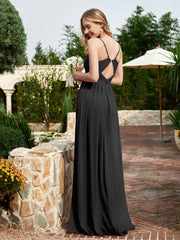 V-neck Spaghetti Straps Bridesmaid Dress With Slit Black Plus Size