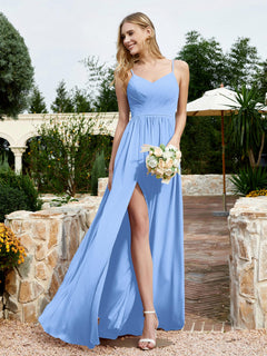 V-neck Spaghetti Straps Bridesmaid Dress With Slit Blue