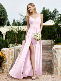 V-neck Spaghetti Straps Bridesmaid Dress With Slit Blushing Pink