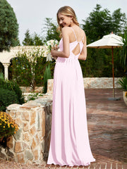 V-neck Spaghetti Straps Bridesmaid Dress With Slit Blushing Pink