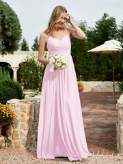 V-neck Spaghetti Straps Bridesmaid Dress With Slit Blushing Pink