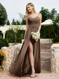 V-neck Spaghetti Straps Bridesmaid Dress With Slit Brown Plus Size