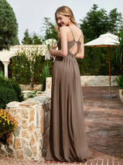 V-neck Spaghetti Straps Bridesmaid Dress With Slit Brown