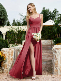 V-neck Spaghetti Straps Bridesmaid Dress With Slit Burgundy Plus Size