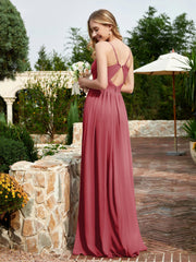 V-neck Spaghetti Straps Bridesmaid Dress With Slit Burgundy
