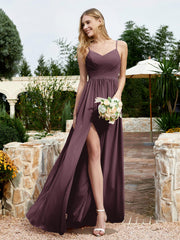 V-neck Spaghetti Straps Bridesmaid Dress With Slit Cabernet