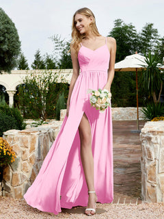 V-neck Spaghetti Straps Bridesmaid Dress With Slit Candy Pink