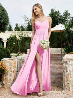 V-neck Spaghetti Straps Bridesmaid Dress With Slit Candy Pink Plus Size