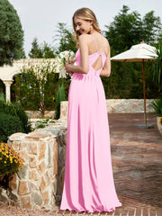 V-neck Spaghetti Straps Bridesmaid Dress With Slit Candy Pink