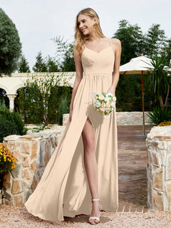 V-neck Spaghetti Straps Bridesmaid Dress With Slit Champagne Plus Size