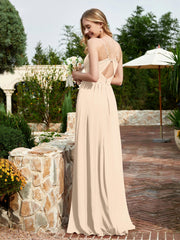 V-neck Spaghetti Straps Bridesmaid Dress With Slit Champagne