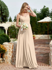 V-neck Spaghetti Straps Bridesmaid Dress With Slit Champagne