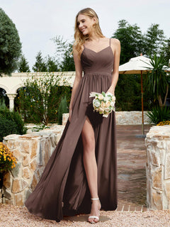 V-neck Spaghetti Straps Bridesmaid Dress With Slit Chocolate Plus Size