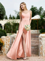 V-neck Spaghetti Straps Bridesmaid Dress With Slit Coral