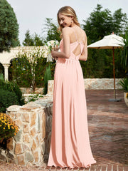 V-neck Spaghetti Straps Bridesmaid Dress With Slit Coral