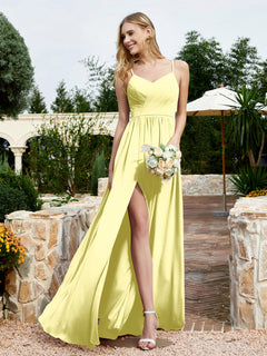 V-neck Spaghetti Straps Bridesmaid Dress With Slit Daffodil Plus Size