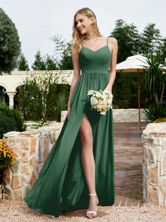 V-neck Spaghetti Straps Bridesmaid Dress With Slit Dark Green