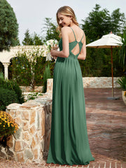 V-neck Spaghetti Straps Bridesmaid Dress With Slit Dark Green