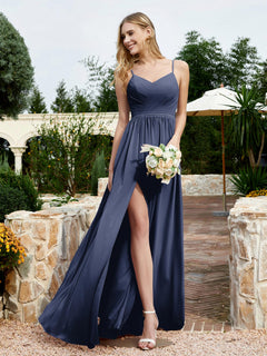 V-neck Spaghetti Straps Bridesmaid Dress With Slit Dark Navy Plus Size