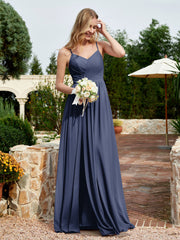 V-neck Spaghetti Straps Bridesmaid Dress With Slit Dark Navy