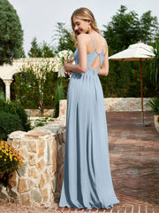 V-neck Spaghetti Straps Bridesmaid Dress With Slit Dusty Blue Plus Size