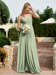 V-neck Spaghetti Straps Bridesmaid Dress With Slit Dusty Sage