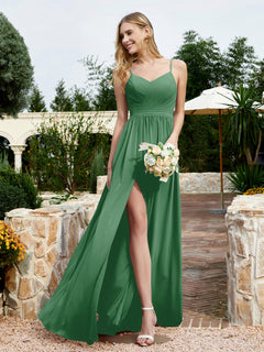 V-neck Spaghetti Straps Bridesmaid Dress With Slit Emerald