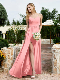 V-neck Spaghetti Straps Bridesmaid Dress With Slit Flamingo