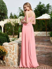 V-neck Spaghetti Straps Bridesmaid Dress With Slit Flamingo