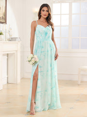 V-neck Spaghetti Straps Bridesmaid Dress With Slit Minty Cloud
