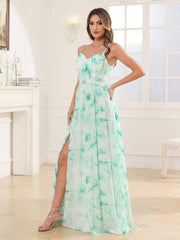 V-neck Spaghetti Straps Bridesmaid Dress With Slit Mint Marble
