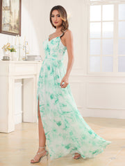 V-neck Spaghetti Straps Bridesmaid Dress With Slit Mint Marble