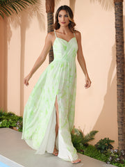 V-neck Spaghetti Straps Bridesmaid Dress With Slit Sage Dream