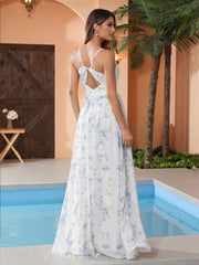 Lavender Floral V-neck Spaghetti Straps Bridesmaid Dress