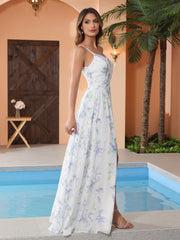 Lavender Floral V-neck Spaghetti Straps Bridesmaid Dress