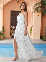 Lavender Floral V-neck Spaghetti Straps Bridesmaid Dress