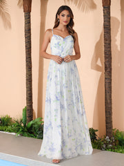 Lavender Floral V-neck Spaghetti Straps Bridesmaid Dress