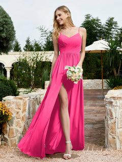 V-neck Spaghetti Straps Bridesmaid Dress With Slit Fuchsia Plus Size