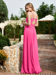 V-neck Spaghetti Straps Bridesmaid Dress With Slit Fuchsia