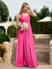 V-neck Spaghetti Straps Bridesmaid Dress With Slit Fuchsia
