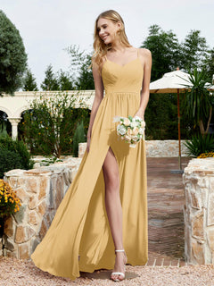 V-neck Spaghetti Straps Bridesmaid Dress With Slit Gold