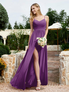 V-neck Spaghetti Straps Bridesmaid Dress With Slit Grape Plus Size