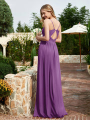 V-neck Spaghetti Straps Bridesmaid Dress With Slit Grape