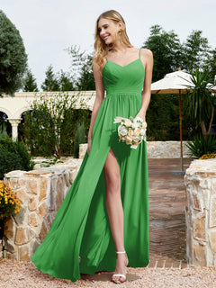 V-neck Spaghetti Straps Bridesmaid Dress With Slit Green