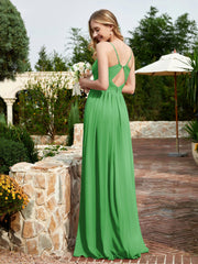 V-neck Spaghetti Straps Bridesmaid Dress With Slit Green