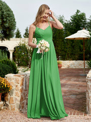 V-neck Spaghetti Straps Bridesmaid Dress With Slit Green