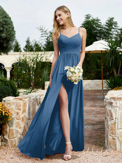 V-neck Spaghetti Straps Bridesmaid Dress With Slit Ink Blue Plus Size