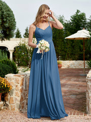 V-neck Spaghetti Straps Bridesmaid Dress With Slit Ink Blue