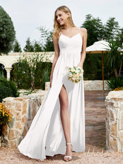V-neck Spaghetti Straps Bridesmaid Dress With Slit Ivory